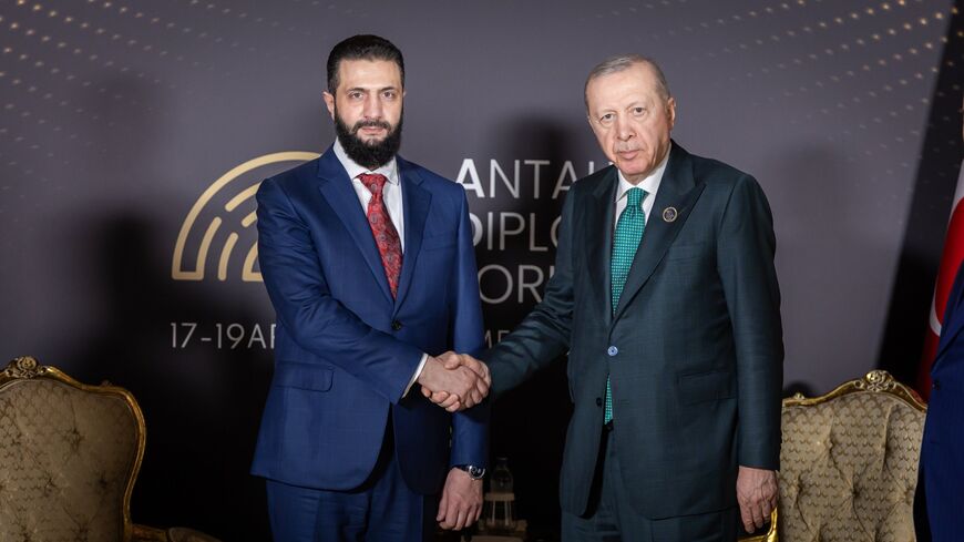 Syrian President Ahmed al-Sharaa and Turkish Presient Recep Tayyip Erdogan at the Antalya Diplomatic Forum in Turkey April 17, 2026.