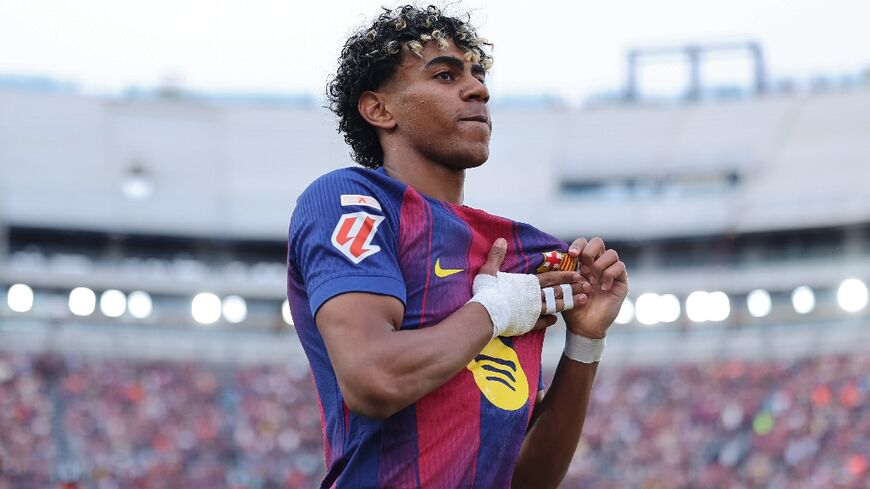Lamine Yamal celebrates during a La Liga match against Espanyol on April 11, 2026