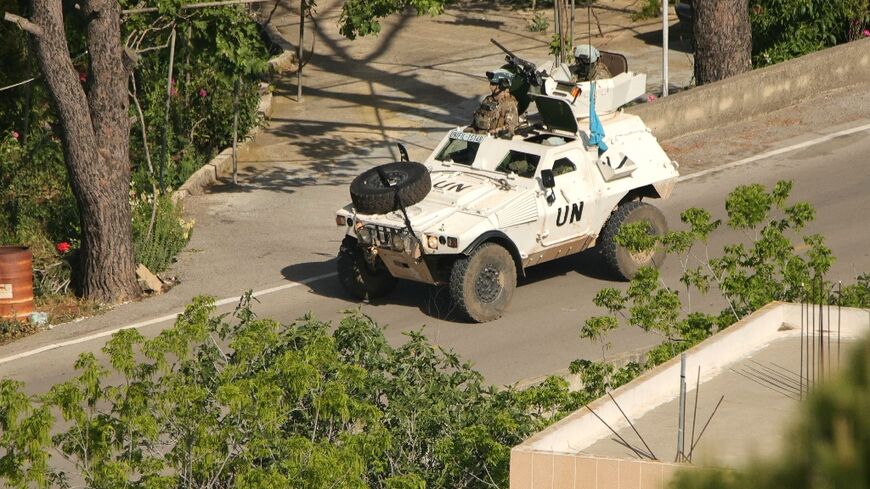 A United Nations Interim Force in Lebanon (UNIFIL) armoured vehicle patrols the southern Lebanese border area of Marjayoun