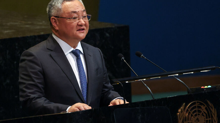 China's ambassador to the United Nations (UN) Fu Cong addresses the UN General Assembly on the failure of the Security Council to pass a proposed Strait of Hormuz resolution, at the UN headquarters in New York City, U.S., April 16, 2026. REUTERS/Shannon Stapleton