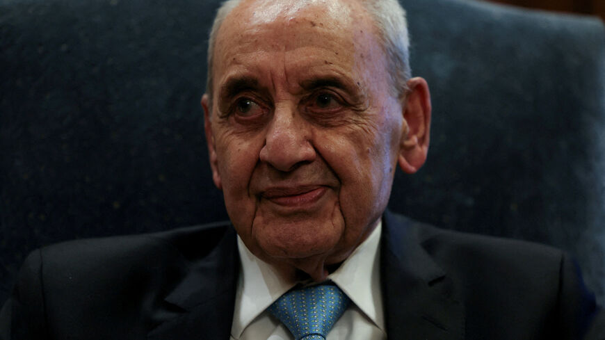FILE PHOTO: Lebanese Parliament Speaker Nabih Berri meets with Italian Prime Minister Giorgia Meloni (not seen) in Beirut, Lebanon October 18, 2024. REUTERS/Mohamed Abd El Ghany/File Photo