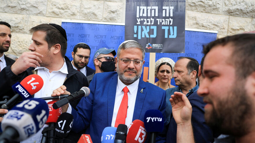 FILE PHOTO: Israeli National Security Minister Itamar Ben-Gvir speaks to members of the media on the day the Supreme Court hears a petition seeking to force Prime Minister Benjamin Netanyahu to remove him, in Jerusalem, April 15, 2026. REUTERS/Ronen Zvulun/File Photo