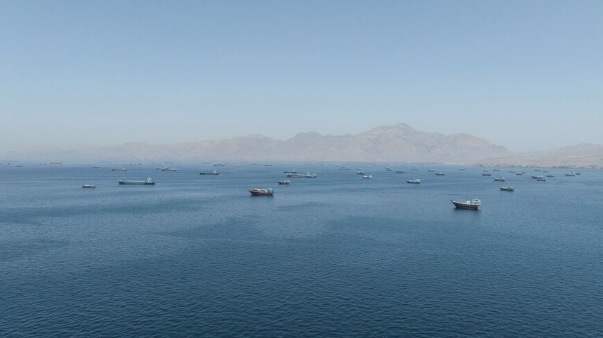 A drone view shows vessels sailing through the Strait of Hormuz, as seen from Musandam, Oman, May 25, 2026. REUTERS/Stringer