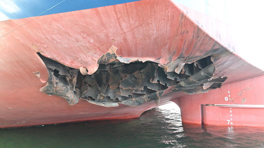 FILE PHOTO: The damaged stern of a bulk carrier operated by South Korean shipper HMM, after it was struck by two unidentified objects on May 4 while stranded in the Strait of Hormuz, in this handout picture released on May 10, 2026.    South Korean Foreign Ministry/Handout via REUTERS/File Photo