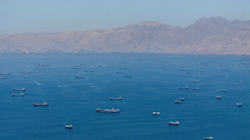 A drone view shows vessels anchored at the Strait of Hormuz, as seen from Musandam, Oman, May 25, 2026. REUTERS/Stringer/File Photo