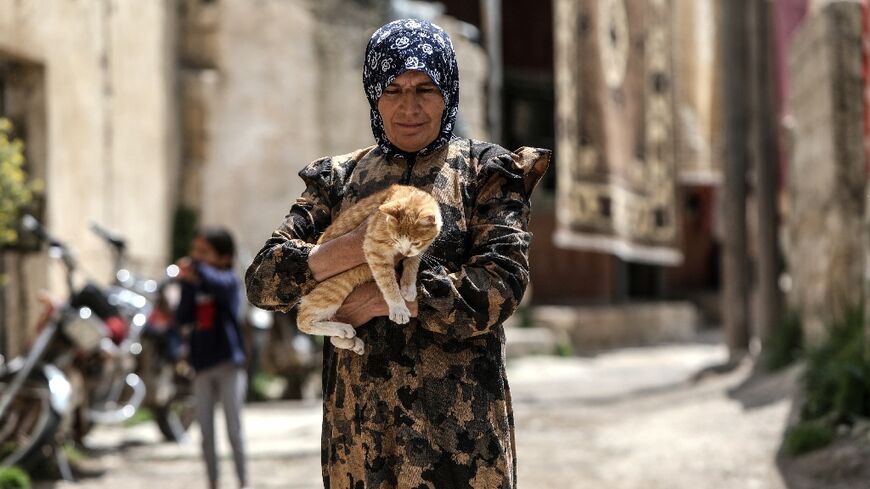 Fifty-seven-year-old Syrian Fatima al-Safadi, carries her cat as she walk down a narrow street near her house in the southern Syrian village of Beit Jinn