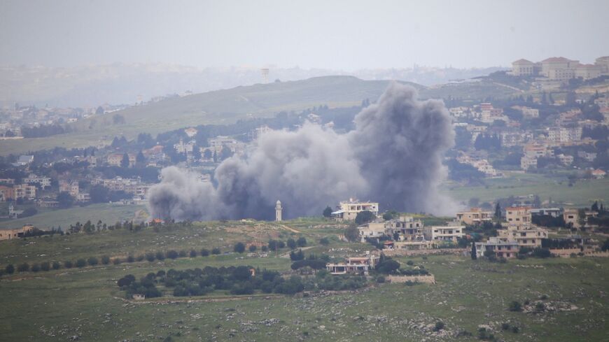 Smoke rises from an Israeli airstrike on the southern Lebanese village of Kfar Tibnit on May 4