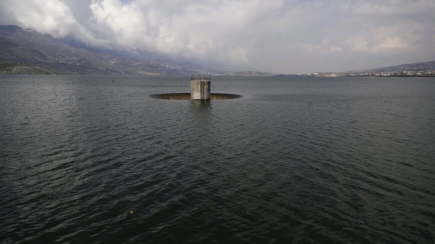 A partial view shows a drainage vacuum hole on the lake of Qaraoun in Lebanon's southern Beqaa Valley on April 5, 2019. 