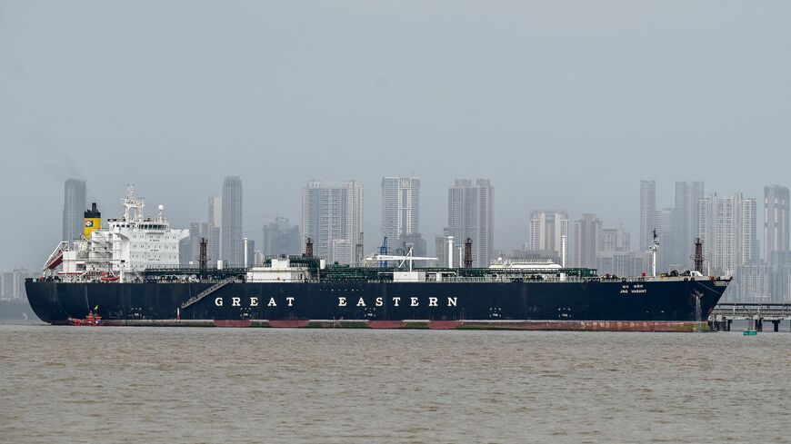 Jag Vasant, an Indian-flagged tanker carrying liquefied petroleum gas (LPG) that transited through the Strait of Hormuz amid the Middle East war, remains docked at an offloading terminal along the coast in Mumbai on April 1, 2026.