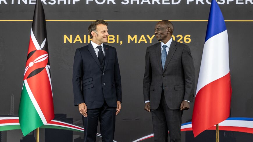 French President Emmanuel Macron and Kenyan President William Ruto during a reception at the State House ahead of the Africa Forward summit in Nairobi on May 10, 2026. 