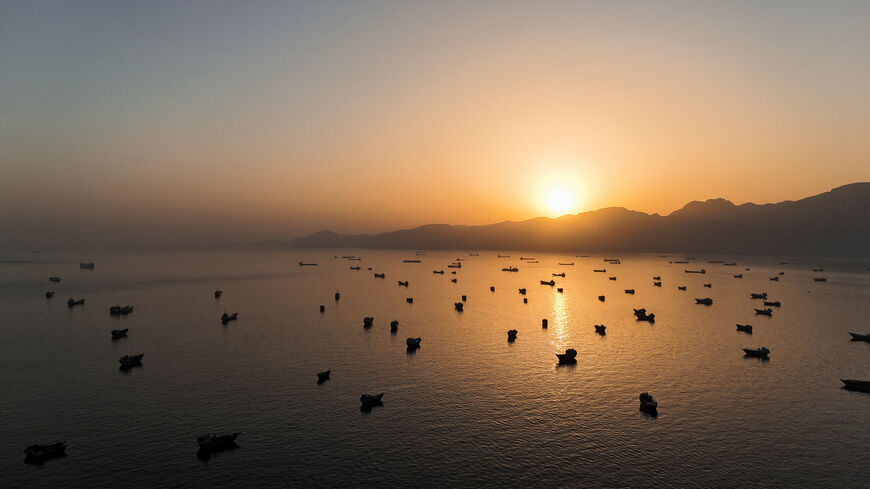 A drone view of vessles anchored in the Strait of Hormuz as seen from Musandam, Oman, June 3, 2026. REUTERS/Stringer