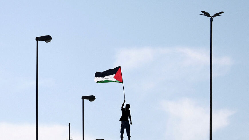 A pro-Palestinian demonstrator waves a Palestinian flag while protesting during a nationwide strike called by the USB union to condemn the Israeli forces' interception of the Global Sumud Flotilla vessels aiming to reach Gaza and break Israel's naval blockade, in Rome, Italy, October 3, 2025. REUTERS/Yara Nardi