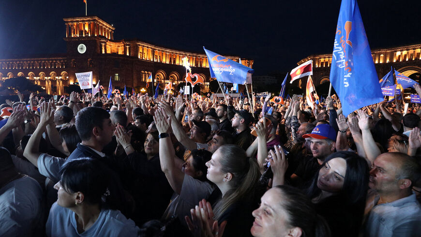 People attend a campaign rally of the Civil Contract party, led by Prime Minister Nikol Pashinyan, ahead of the June 7 parliamentary election in Yerevan, Armenia June 5, 2026. Hayk Baghdasaryan/Photolure via REUTERS