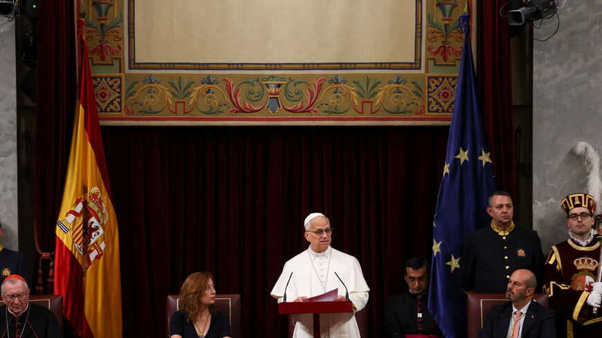 Pope Leo XIV speaks at the Spanish Parliament during his apostolic journey in Madrid, Spain, June 8, 2026. REUTERS/Yara Nardi/Pool
