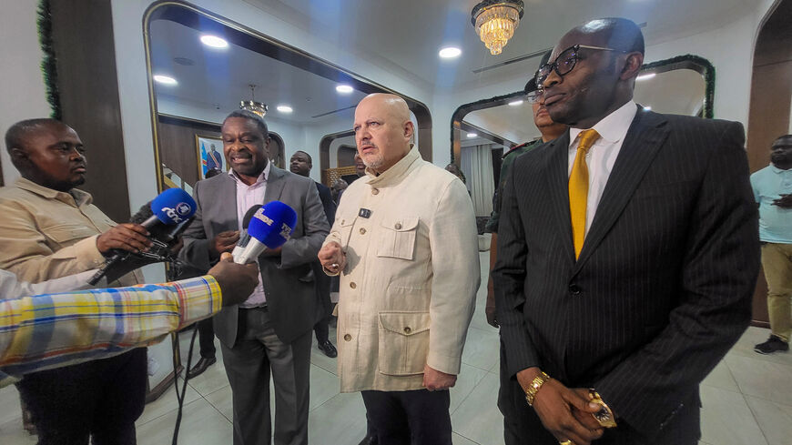 International Criminal Court Prosecutor Karim Khan speaks to members of the media upon his arrival in Kinshasa, Democratic Republic of Congo, February 24, 2025. REUTERS/Benoit Nyemba