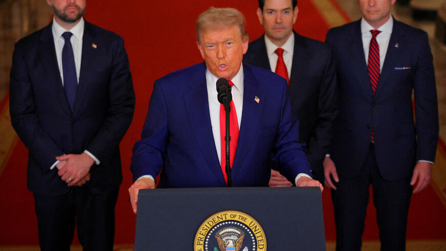 U.S. President Donald Trump delivers an address to the nation, accompanied by U.S. Vice President JD Vance, U.S. Secretary of State Marco Rubio and U.S. Defense Secretary Pete Hegseth, at the White House in Washington, D.C., U.S. June 21, 2025. REUTERS/Carlos Barria/Pool