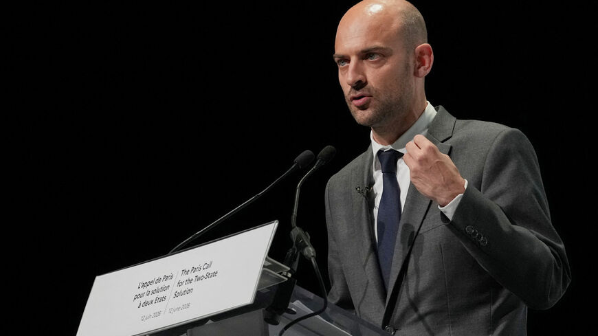 French Foreign Minister Jean-Noel Barrot speaks during a conference with Israeli and Palestinian civil society groups to support a two-state solution, in Paris, France June 12, 2026. Thibault Camus/Pool via REUTERS