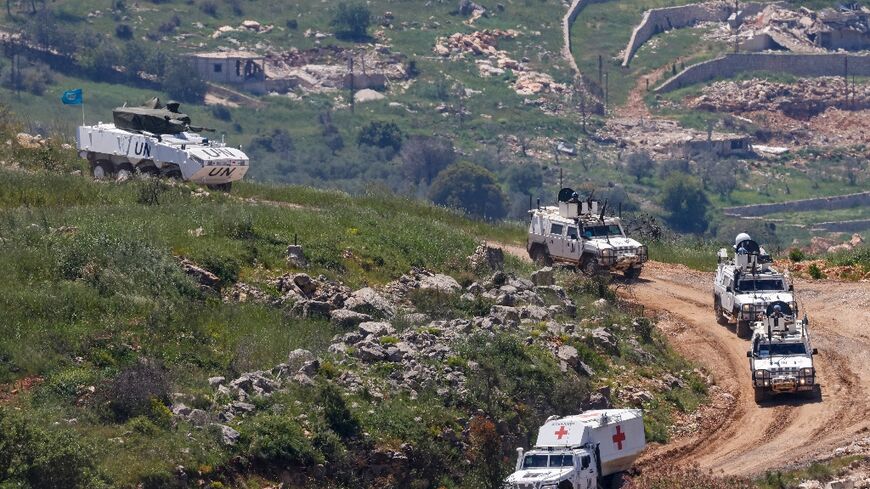 A United Nations convoy drives through southern Lebanon near the border with Israel on April 29