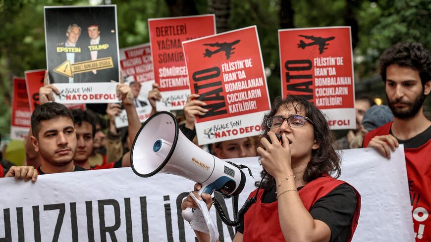 Demonstrators take part in a rally against the upcoming NATO Summit early July in Ankara, on June 13, 2026. 