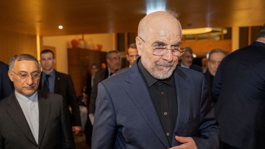 Speaker of the parliament of Iran, Mohammad Bagher Ghalibaf (R), arrives at the Burgenstock resort in Obbuergen, near Lucerne, Switzerland, on June 21, 2026.