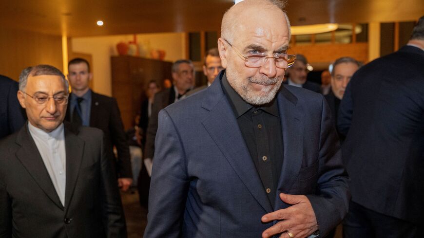 Speaker of the Parliament of Iran, Mohammad Bagher Ghalibaf (R) arrives at the Burgenstock resort in Obbuergen, near Lucerne on June 21, 2026. 