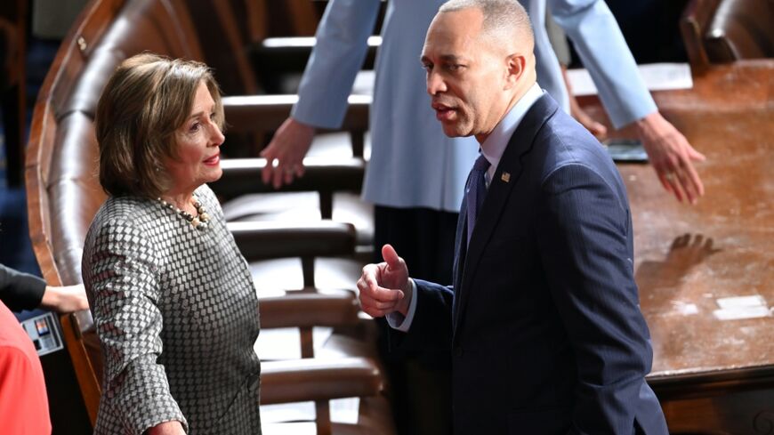 Democratic former US House speaker Nancy Pelosi (L) voted to cut military aid for Israel, while Minority Leader Hakeem Jeffries (R) voted the other way -- exposing the divide in the party