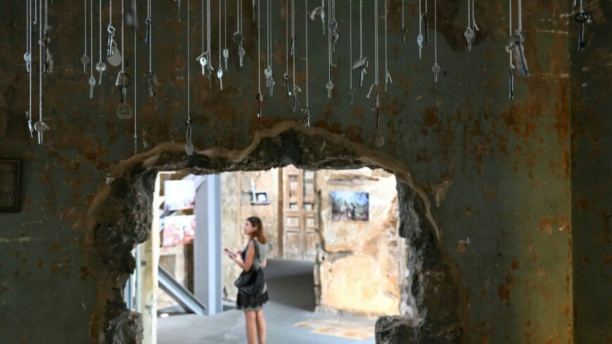 An installation featuring keys from destroyed houses in south Lebanon forms part of an ongoing exhibition at a Beirut museum