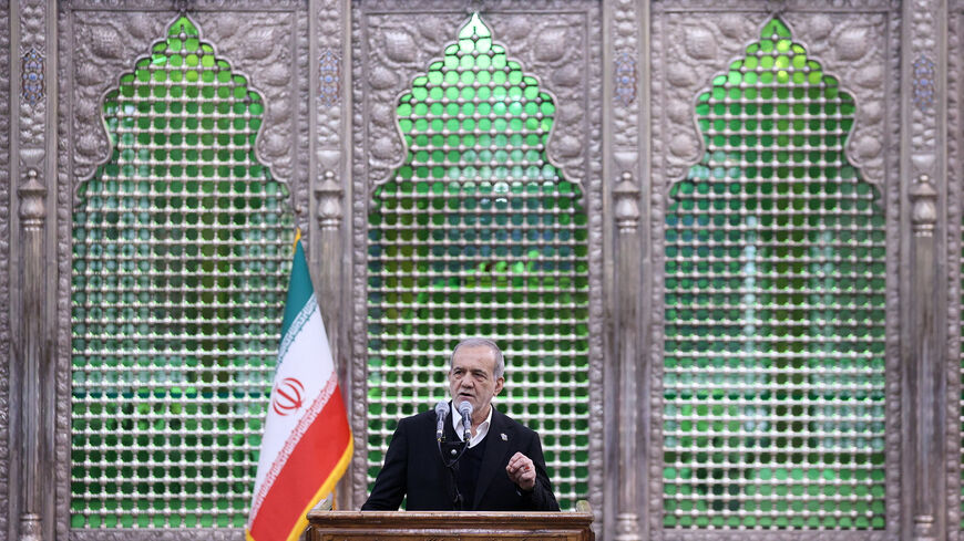 Iranian President Masoud Pezeshkian speaks during a visit to the shrine of the leader of Iran's 1979 Islamic Revolution, Ayatollah Ruhollah Khomeini, in southern Tehran, Iran, January 31, 2026. Iran's Presidential website/WANA (West Asia News Agency)/Handout via REUTERS