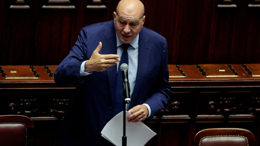 FILE PHOTO: Italy's Defence Minister Guido Crosetto addresses the Parliament, saying the country will send a second navy ship to escort the Global Sumud Flotilla heading to Gaza trying to deliver supplies, in Rome, Italy, September 25, 2025. REUTERS/Remo Casilli/File Photo