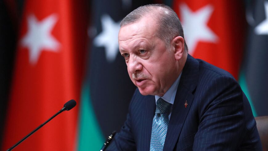 Turkish President Recep Tayyip Erdogan delivers a speech after a signing ceremony with Libyan Government of National Unity prime minister at the Presidential Complex in Ankara, on April 12, 2021. 