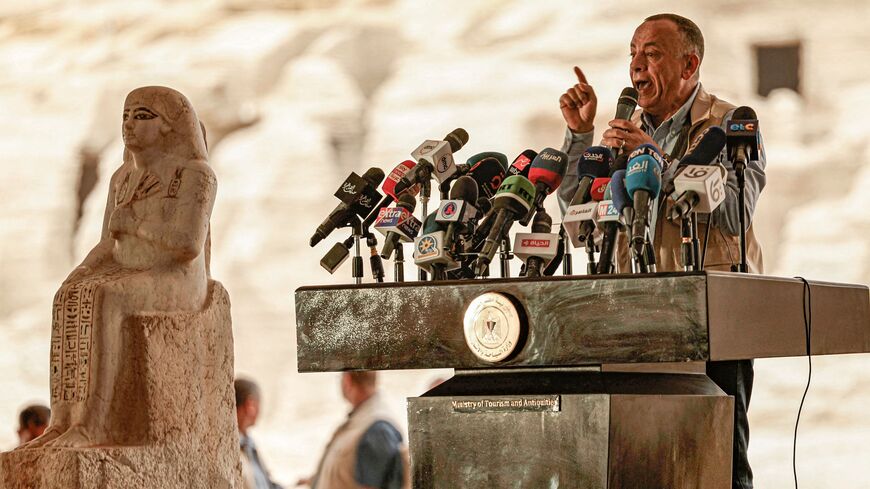 Mostafa Waziri, head of Egypt's Supreme Council of Antiquities, gives a press conference in the Saqqara necropolis, where archaeologists unearthed two human and animal embalming workshops as well as two tombs, south of Cairo, on May 27, 2023. 