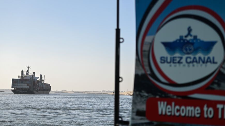 A ship transits the Suez Canal towards the Red Sea on Jan. 10, 2024 in Ismailia, Egypt.