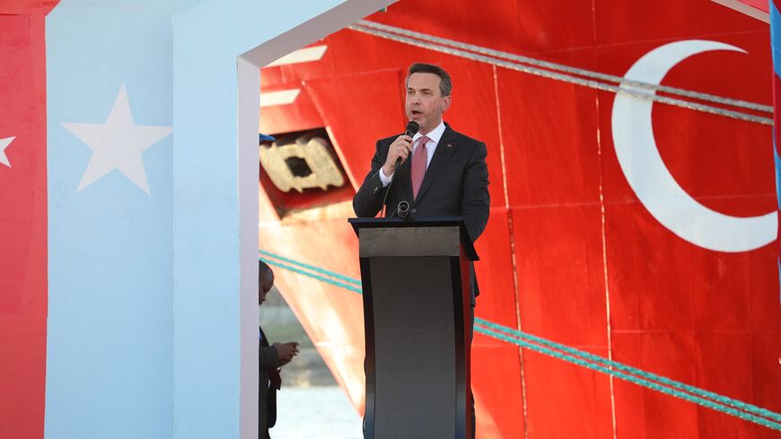 Minister of Energy and Natural Resources of Turkey Alparslan Bayraktar speaks during the launch of an offshore energy exploration at the port in Mogadishu on April 10, 2026. 