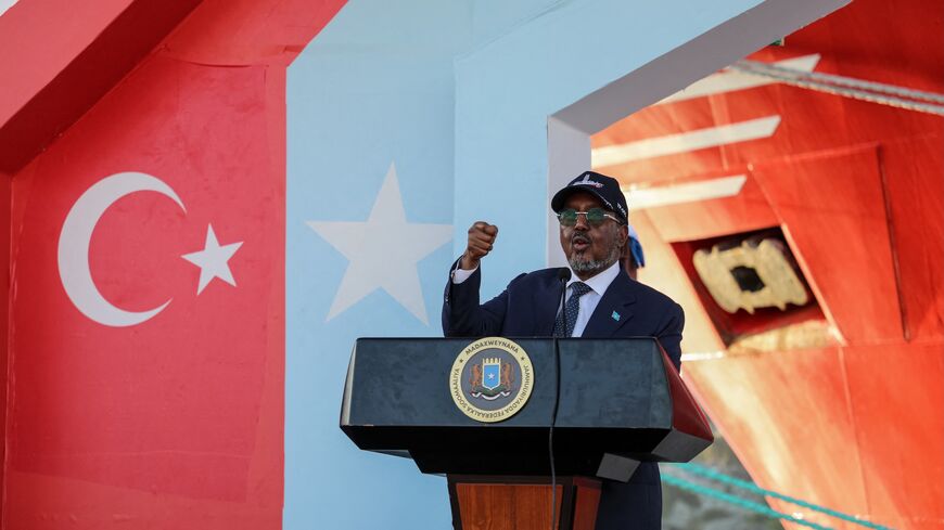 Somalia's President Hassan Sheikh Mohamud speaks during the launch of an offshore energy exploration at the port in Mogadishu on April 10, 2026. 