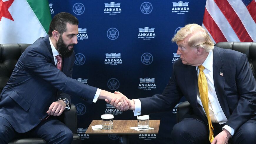 US President Donald Trump meets Syrian President Ahmed al-Sharaa (L) on the sidelines of the NATO Summit at Bestepe Presidential Compound in Ankara, on July 8, 2026.
