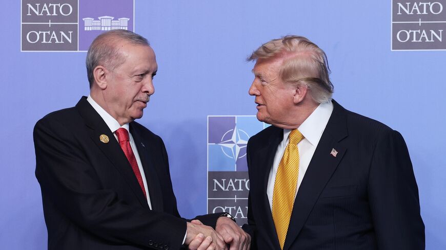 Recep Tayyip Erdogan, president of Turkey, greets Donald Trump, president of United States, during a welcome ceremony of allied heads of state and government, on July 8, 2026, in Ankara, Turkey.