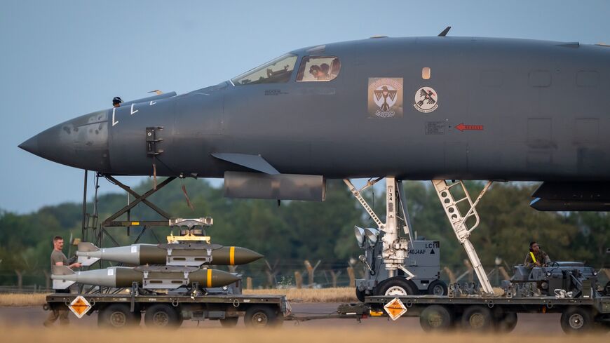 Muntions near a B1 Bomber are seen at RAF Fairford on July 24, 2026, in Fairford, England. 