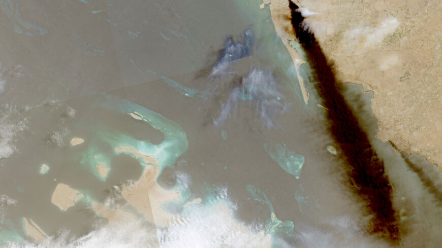 FILE PHOTO: A composite satellite image shows trail of smoke rising from an oil facility, in Jizan, Jazan province, Saudi Arabia, July 26, 2026. European Union/Copernicus Sentinel-2/Handout via REUTERS/File Photo