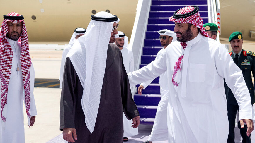 FILE PHOTO: Sheikh Mohamed bin Zayed Al Nahyan, president of the United Arab Emirates, is received by Prince Mohamed bin Salman, crown prince and prime minister of Saudi Arabia, at King Khalid International Airport in Riyadh, Saudi Arabia, September 3, 2025. Abdulla Al Bedwawi/UAE Presidential Court/Handout via REUTERS