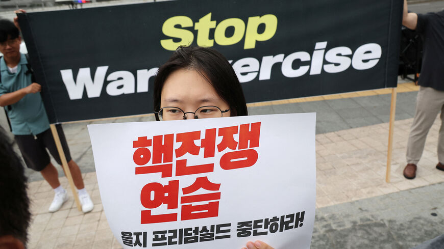 Anti-war protesters attend a rally calling for a halt to the annual Ulchi Freedom Shield joint military exercises between South Korea and the United States, in front of the U.S. Embassy in Seoul, South Korea, August 17, 2026. REUTERS/Kim Hong-Ji