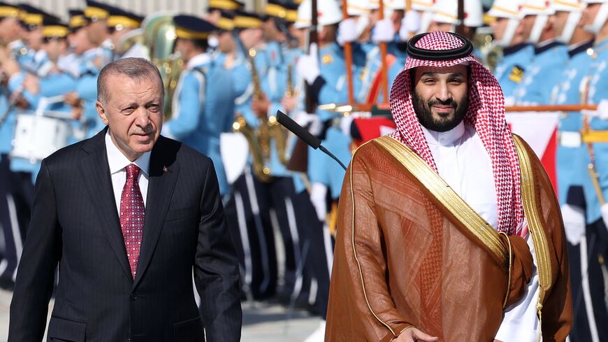 Turkey's President Recep Tayyip Erdogan (L) welcomes Crown Prince of Saudi Arabia Mohammed bin Salman (R) during an official ceremony at the Presidential Complex in Ankara, on June 22, 2022.