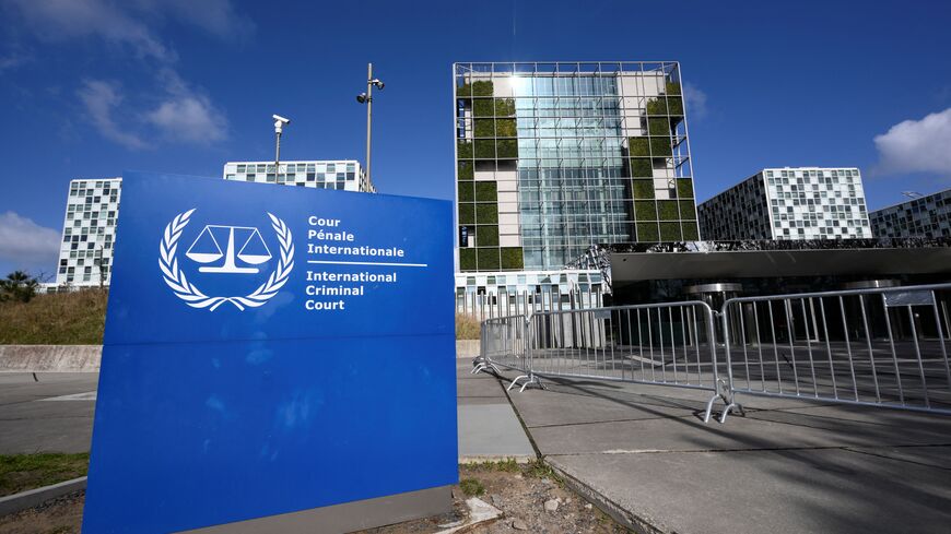 This general view shows the exterior and the logo of the International Criminal Court (ICC) in The Hague on March 28, 2026. 