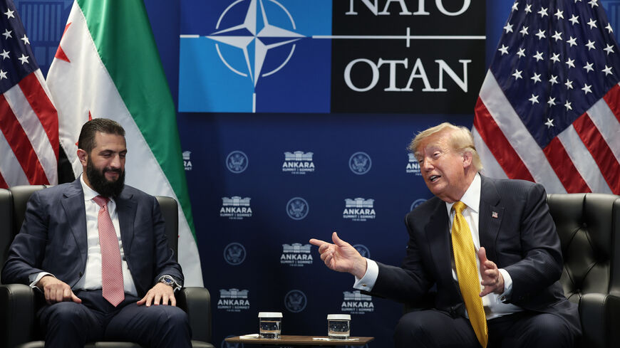 ANKARA, TURKEY - JULY 08: U.S. President Donald Trump (R) meets with Ahmed al-Sharaa, President of Syria (L) for bilateral talks at Beştepe Presidential Compound during the NATO Summit on July 08, 2026 in Ankara, Turkey. Leaders from NATO's 32 countries, plus NATO allies like Ukraine, gathered in the Turkish capital to discuss a range of issues involving spending targets, defense industrial production, and support for Ukraine, among other topics. (Photo by Win McNamee/Getty Images)