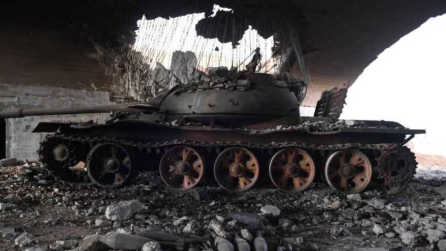 A tank is seen at the Abu Duhur military airport area in Idlib province, on Jan. 21, 2018. 