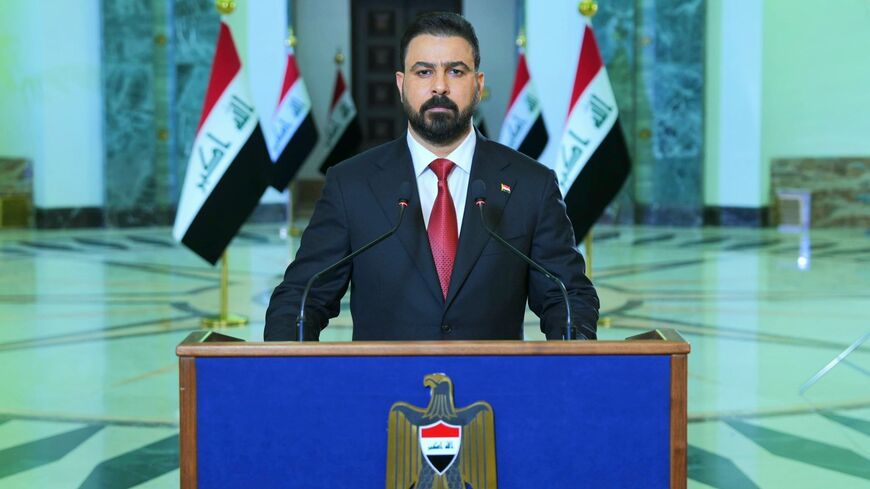 Iraqi Prime Minister Ali al-Zaidi delivers a speech in Baghdad, May 16, 2026.