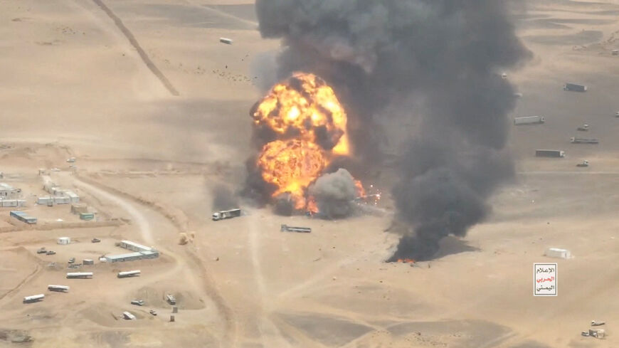 Trucks explode as they burn, during what the Houthis say was an attack targeting trucks coming from Saudi territory, at Al-Wadiah border crossing near Al-Wadiah, on the Saudi-Yemen border, in this still image obtained from a handout video released September 7, 2026. Houthi Media Centre/Handout via REUTERS