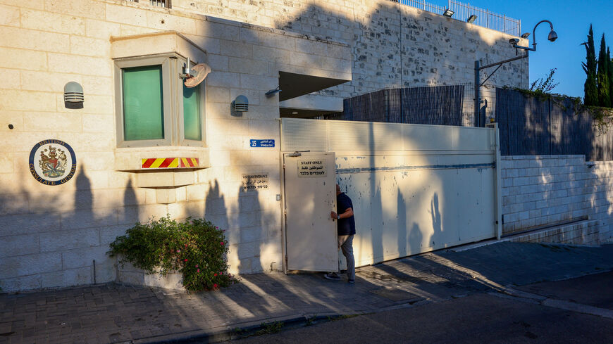 A person enters the British Consulate, on the day Israeli Foreign Minister Gideon Saar said he would close it in response to trade sanctions imposed by British Prime Minister Andy Burnham against Israeli settlements in the occupied West Bank, in Jerusalem, September 8, 2026. REUTERS/Jamal Awad