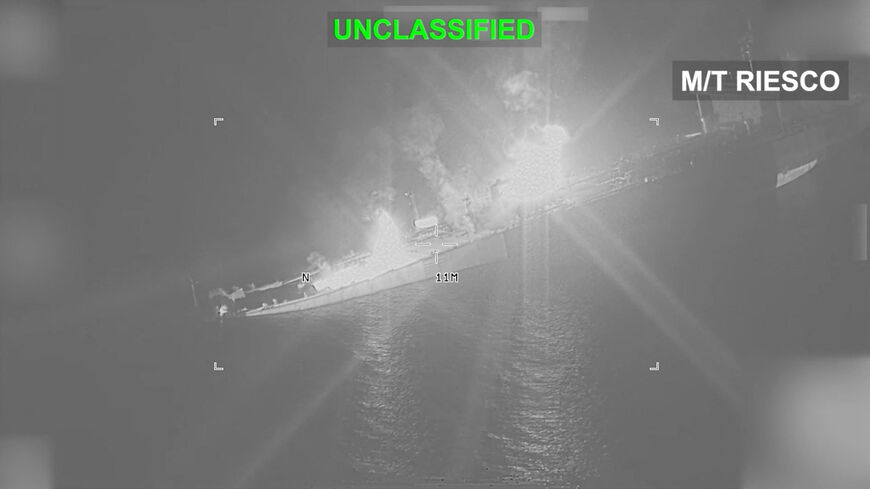 An Iranian crude oil carrier identified as M/T Riesco burns as it sinks after being struck, which U.S. Central Command says it targeted after attempted Iranian missile attacks on a U.S. Navy warship over the past two days, at a location given as the Gulf of Oman, in this still image taken from video released September 8, 2026.   U.S. Central Command/Handout via REUTERS