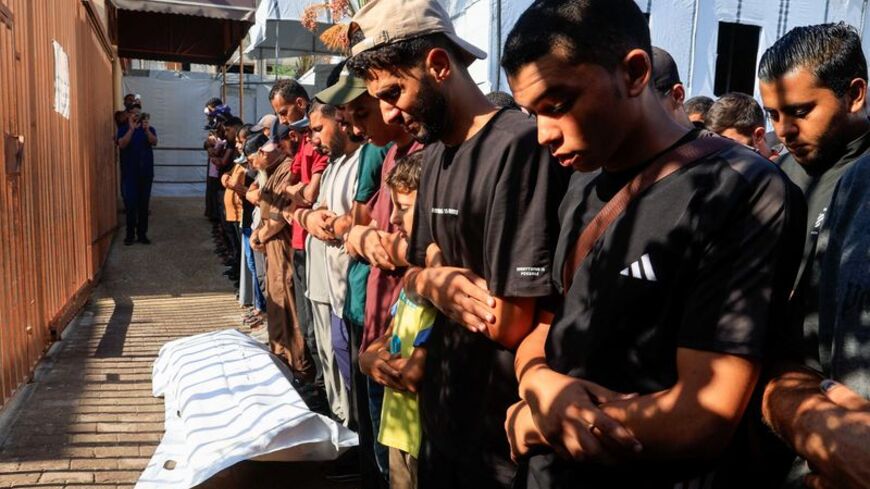 Funeral of Palestinian Raafat Zamar, who was killed in an Israeli strike on on his tent on Monday, according to medics, in Khan Younis