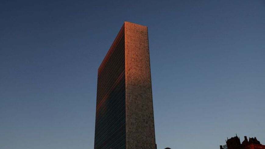 FILE PHOTO: The United Nations building is seen at sunrise during the 77th Session of the United Nations General Assembly at the U.N. Headquarters in New York City